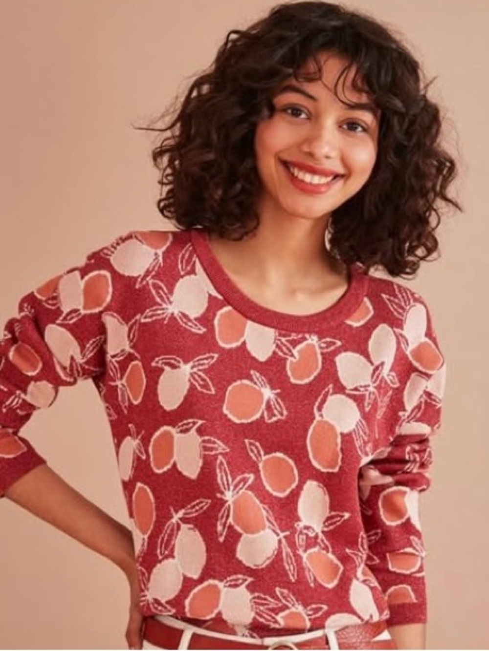 Rust-Red Crewneck Sweater with lemon Pattern